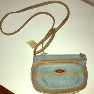 blue and tan crossbody bag